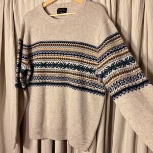 J.Crew 100% Cashmere Fair Isle Crewneck Sweater Oatmeal Navy Green